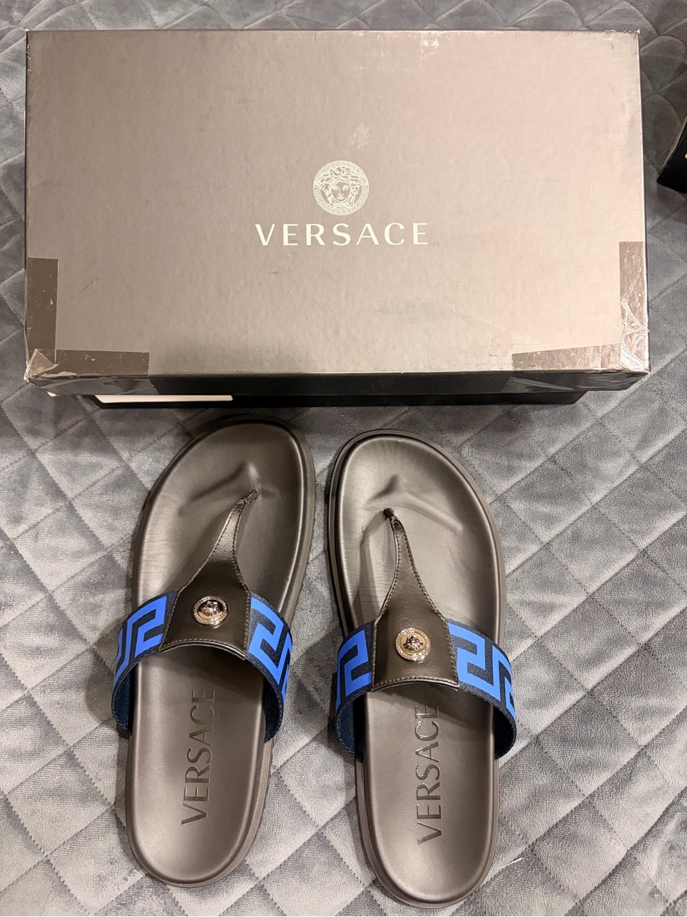 Versace Black Leather Men’s Sandals with Electric Blue Greca Strap